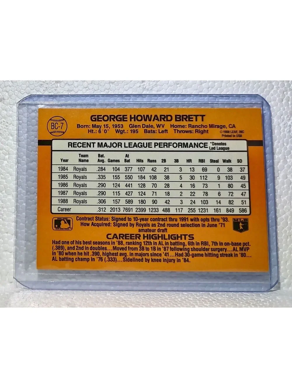 George Brett 1989 Donruss MLB #BC-7 MVP Baseball Card Kansas City Royals